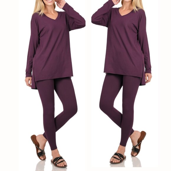 V-Neck Long-Sleeve Loungewear Leggings Set S-3X - Picture 1 of 7